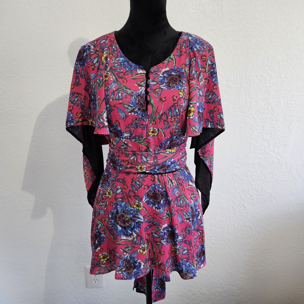 PRABAL GURUNG Collective Pink Floral Cape Waist-Tie Blouse Sz 8 Barbiecore Fairy